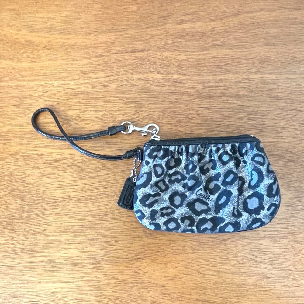 Coach Wristlet Pouch Black Patent Gray Silver Ocelot Leopard Animal Print